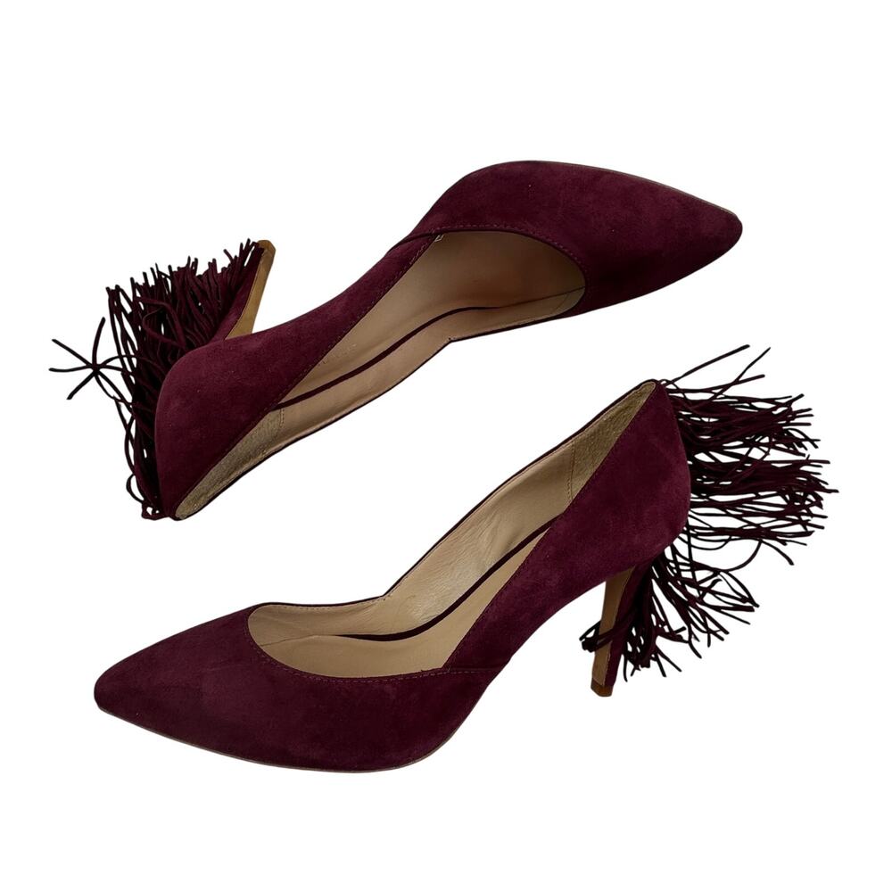 Loeffler Randall Pari Suede Fringe Detail Boho Artsy Maroon Wine Pumps Women's 9 - Picture 7 of 11